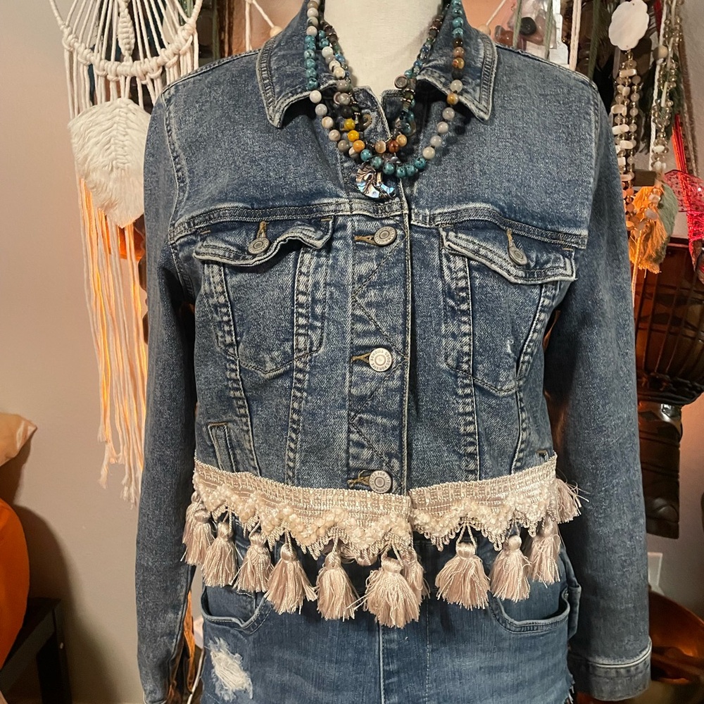 Women's Denim Jean Jacket with Tassel Trim, Backside Embellished with Crochet